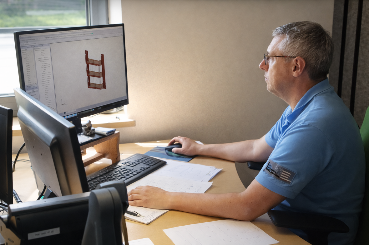 Konstrukteur-Techniker im Stahl- und Metallbau arbeitet am Schreibtisch mit CAD-Software und plant eine Stahlkonstruktion am Computer bei Heinrich Leinfelder in Neuburg