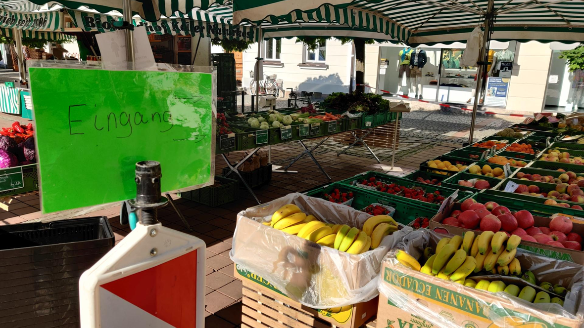 Neuburger Wochenmarkt - Kisten mit Äpfel, Erdbeeren, Zitronen und Bananen 